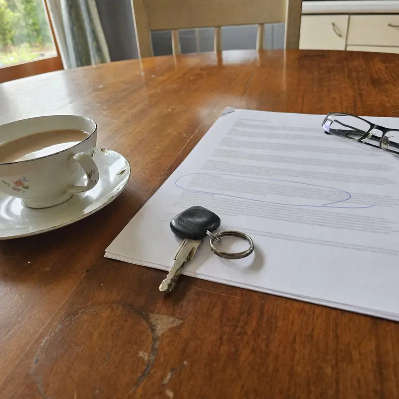 Car key resting on a printed policy document at a kitchen table, one clause circled in pen