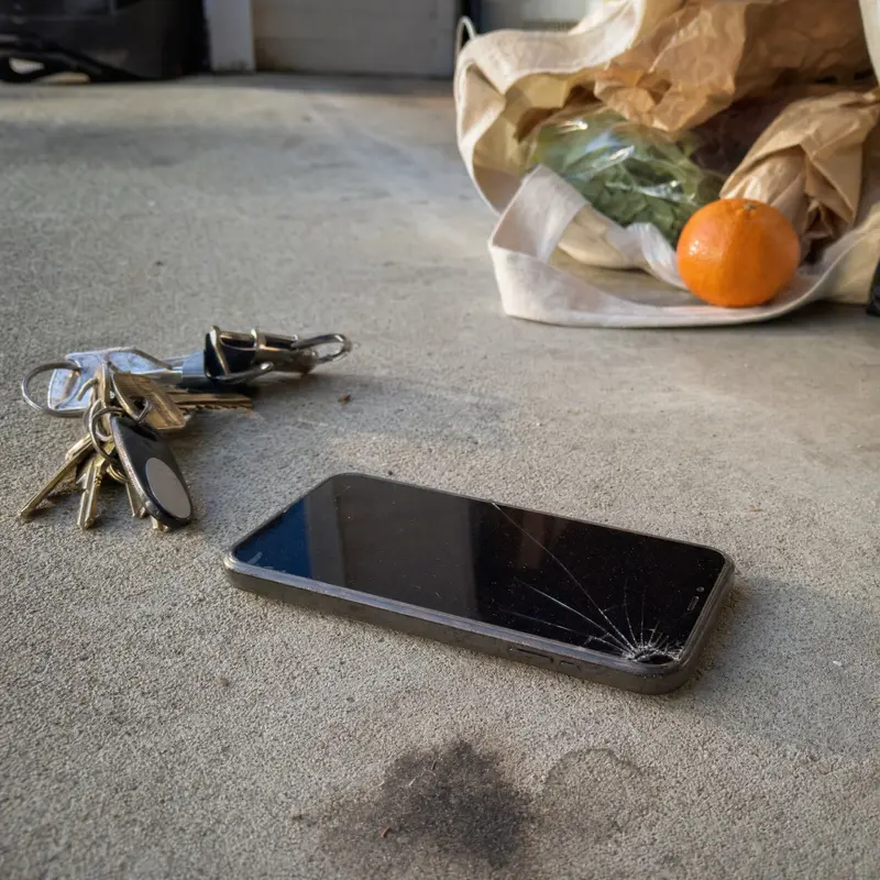 Smartphone with a cracked screen lying face up on a kitchen floor