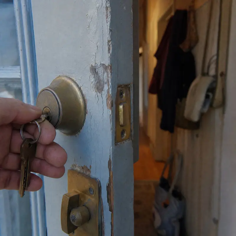 Brass deadbolt and latch on the timber front door of a rented villa