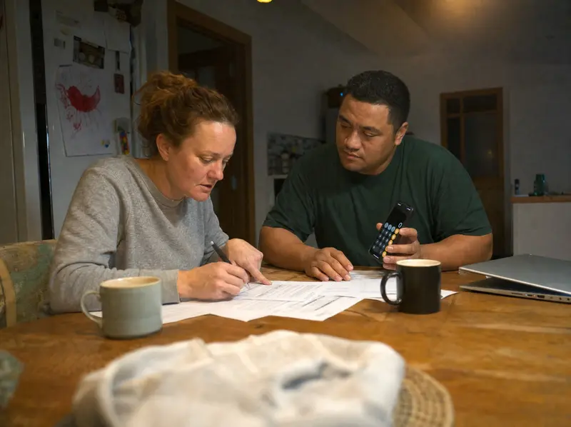 Couple comparing home insurance documents over coffee at their kitchen table in the morning light