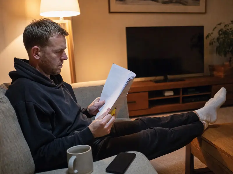 Man on a couch in the evening working through a printed insurance policy with a highlighter