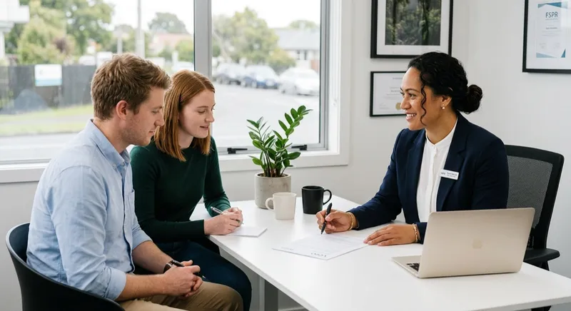Insurance broker explaining a policy document to a young couple in a bright New Zealand office
