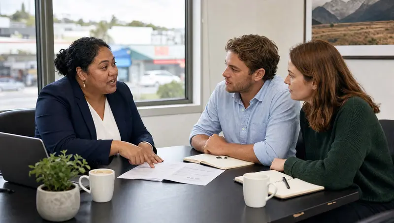Insurance broker explaining a policy document to a young couple in a bright New Zealand office