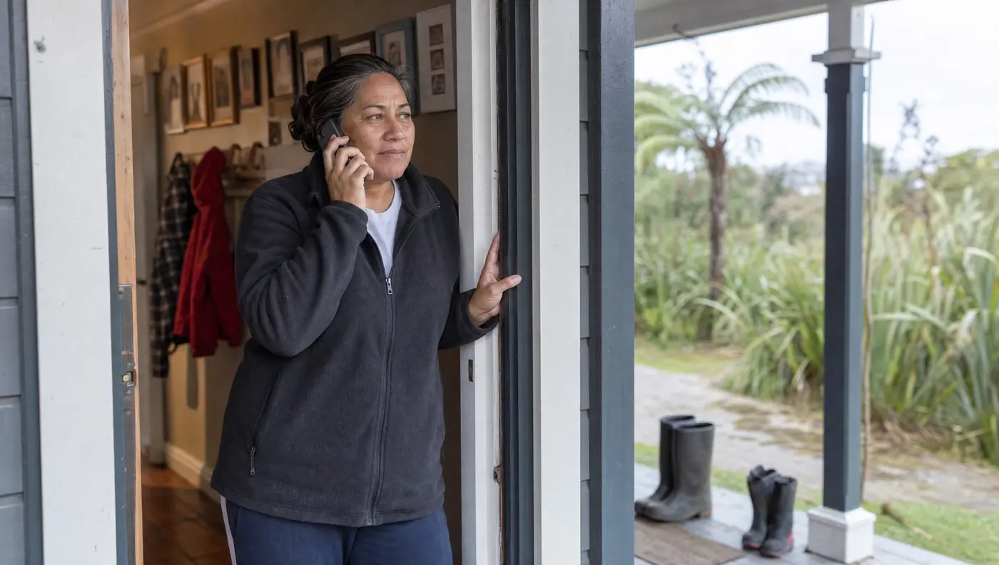 Woman calmly making a phone call from her front doorstep to start an insurance claim