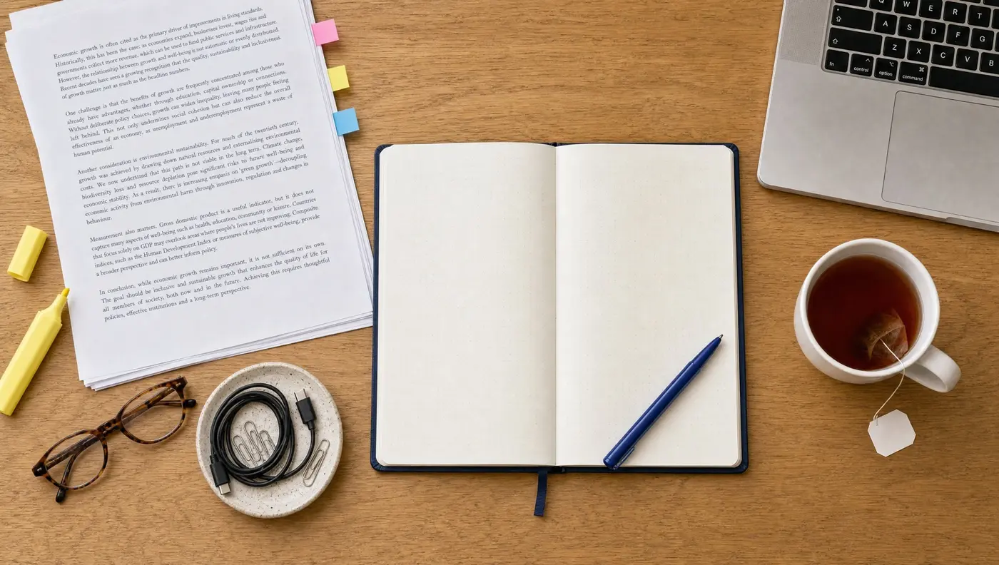 Overhead view of a desk with notebook, insurance documents, highlighter and tea while studying insurance terms