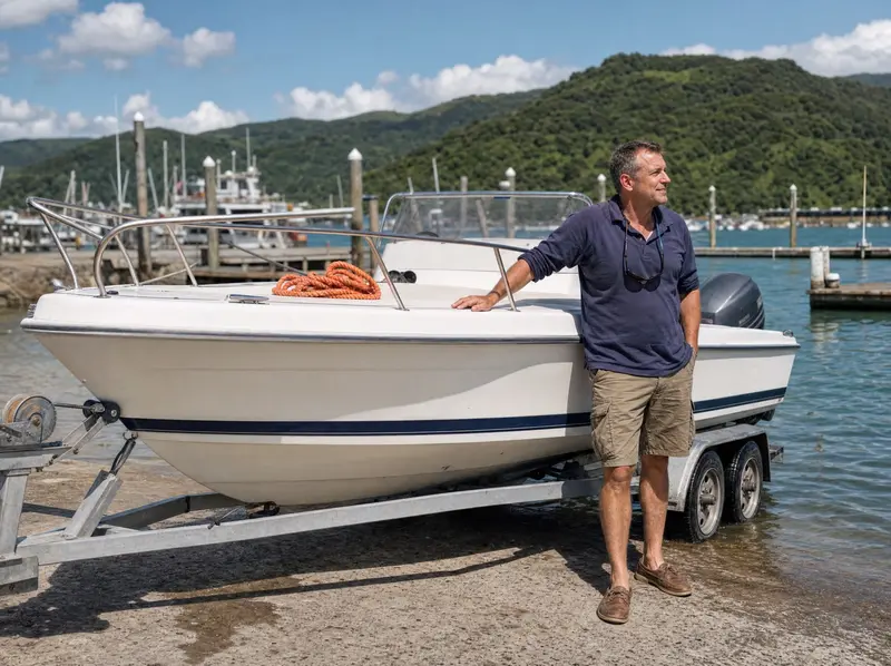 Man standing beside his boat on a trailer at a New Zealand coastal marina on a clear summer morning