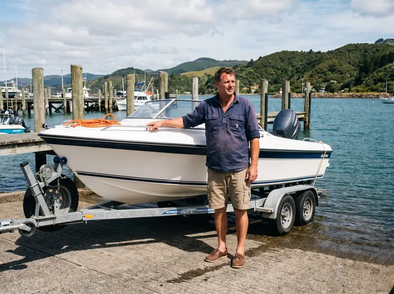 Man standing beside his boat on a trailer at a New Zealand coastal marina on a clear summer morning