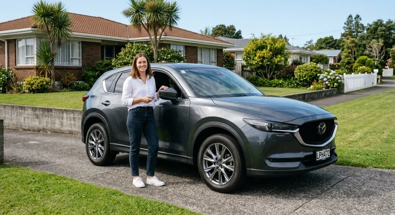 Woman standing beside her car on a quiet New Zealand suburban street on a clear autumn morning