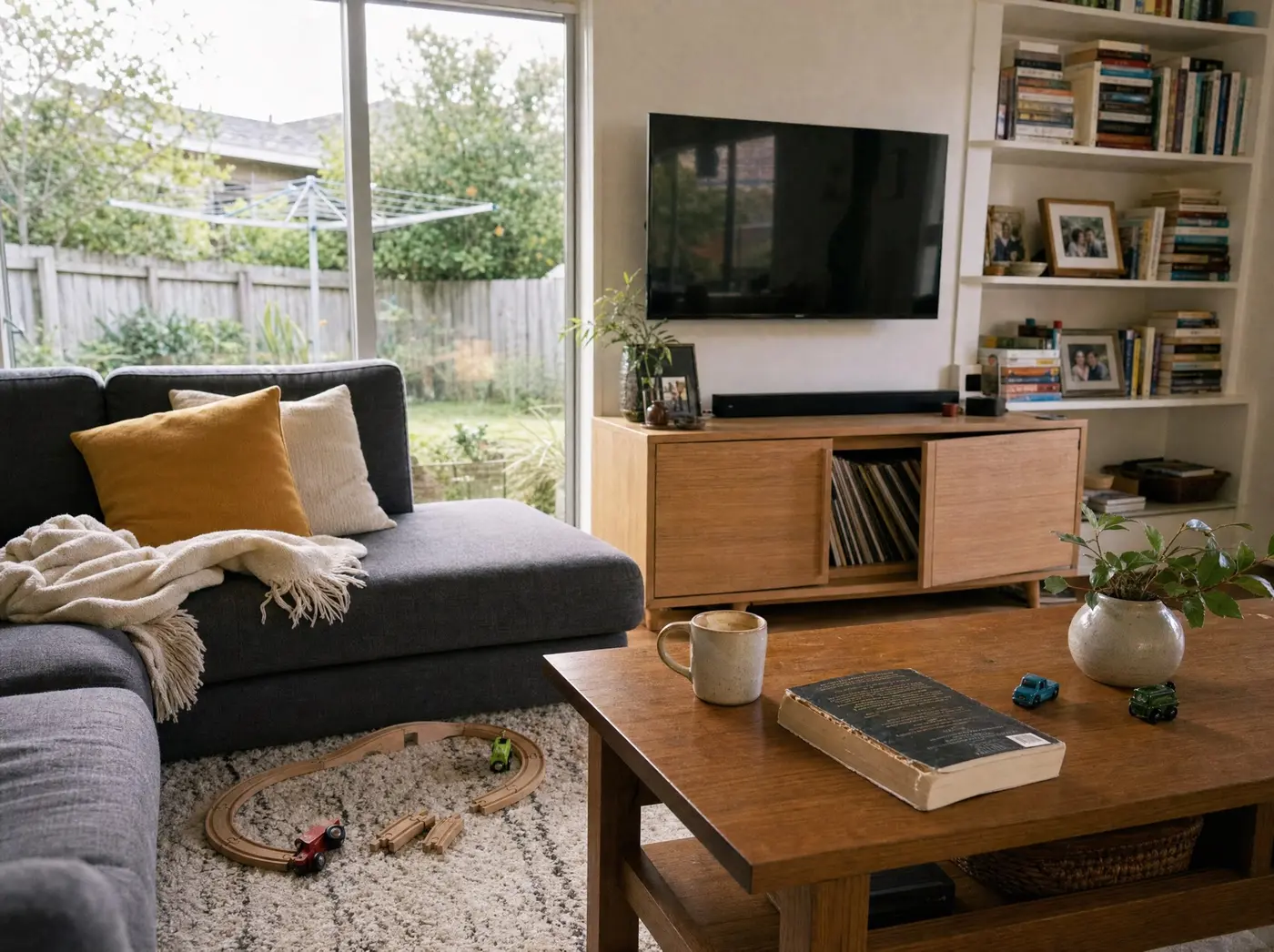 Family living room in a New Zealand home with a sofa, television and personal belongings that contents insurance would cover