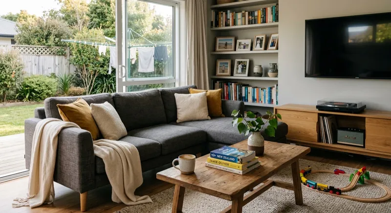 Warm New Zealand family living room with sofa, books, vinyl records and children's toys
