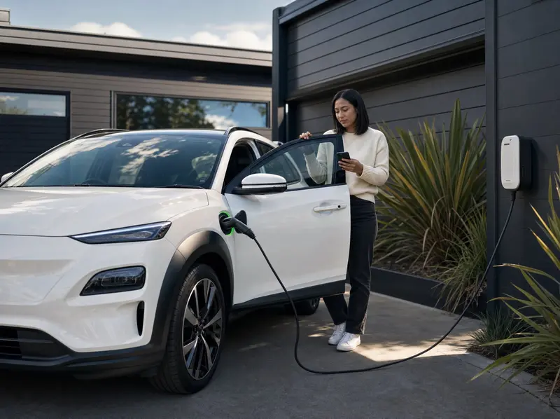 Electric vehicle plugged into a home charging station in a New Zealand suburban driveway