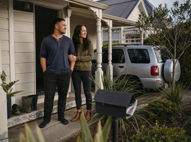 Young Kiwi couple standing on the porch of their New Zealand weatherboard villa at golden hour