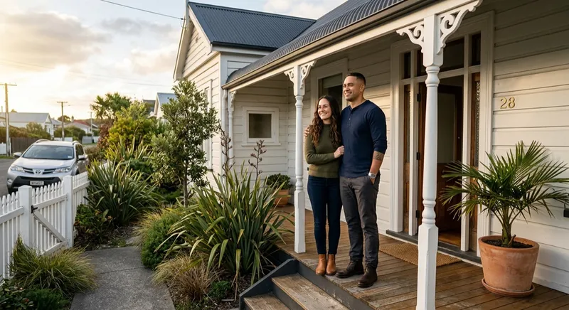 Young Kiwi couple standing on the porch of their New Zealand weatherboard villa at golden hour