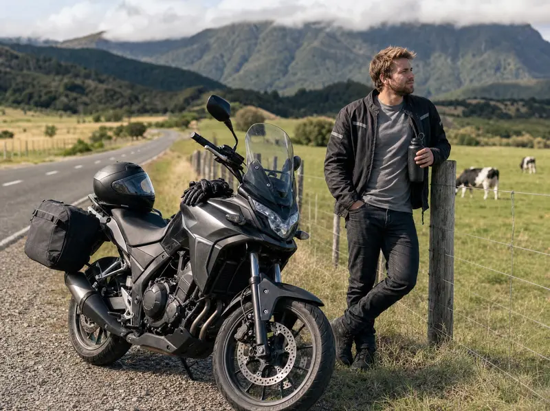 Motorcycle rider stopped on a quiet New Zealand rural highway with rolling green farmland behind
