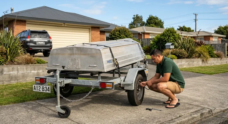 Man checking tyre pressure on a boat trailer in a New Zealand suburban driveway on a Saturday morning