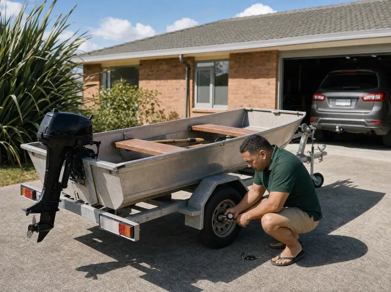 Man checking tyre pressure on a boat trailer in a New Zealand suburban driveway on a Saturday morning