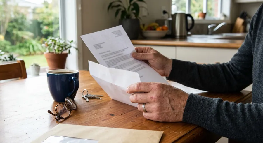 Hands holding an insurance renewal letter at a kitchen table with coffee and reading glasses