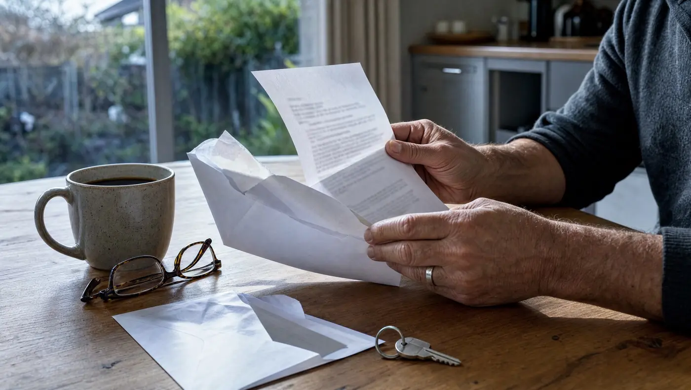Hands holding an insurance renewal letter at a kitchen table with coffee and reading glasses