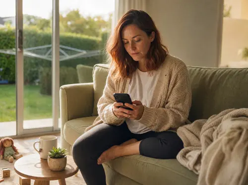 Woman on a sofa filling out an insurance quote on her phone in a sunny New Zealand living room