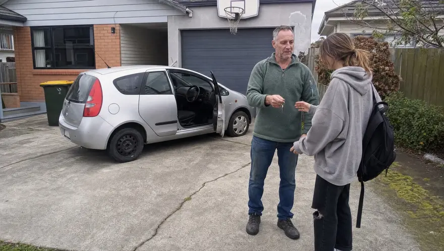 Father handing a car key to his teenage daughter beside a small hatchback on a Christchurch driveway